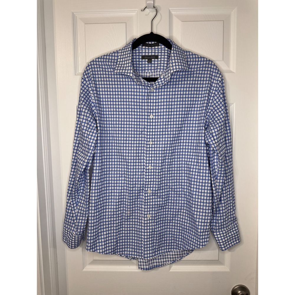 100% Cotton Nordstrom Men Blue Tattersall Check Non-Iron Dress Shirt 16.5 32/33